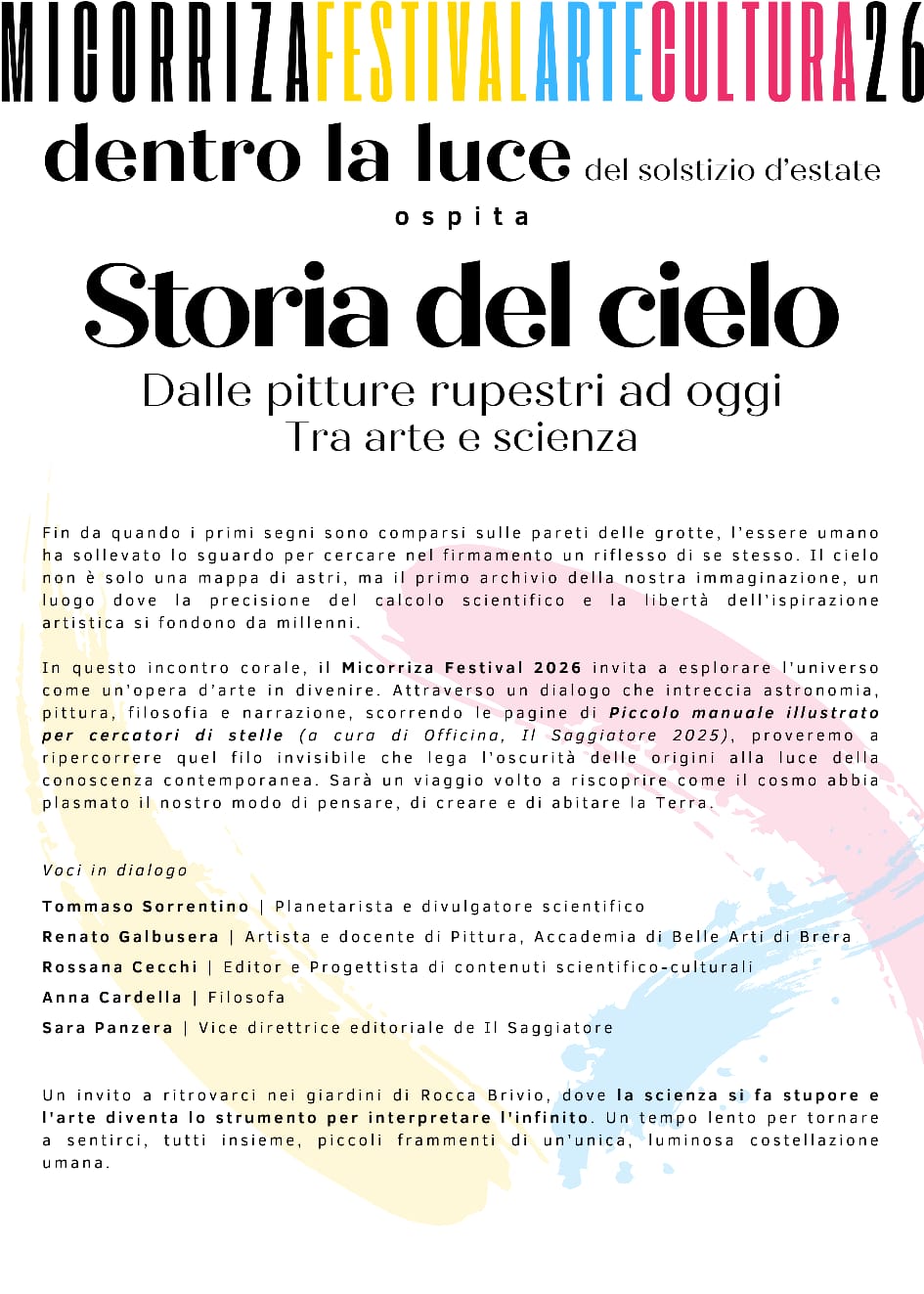 Locandina dell'incontro Storia del cielo, dalle pitture rupestri ad oggi, tra arte e scienza, al Micorriza Festival 2026