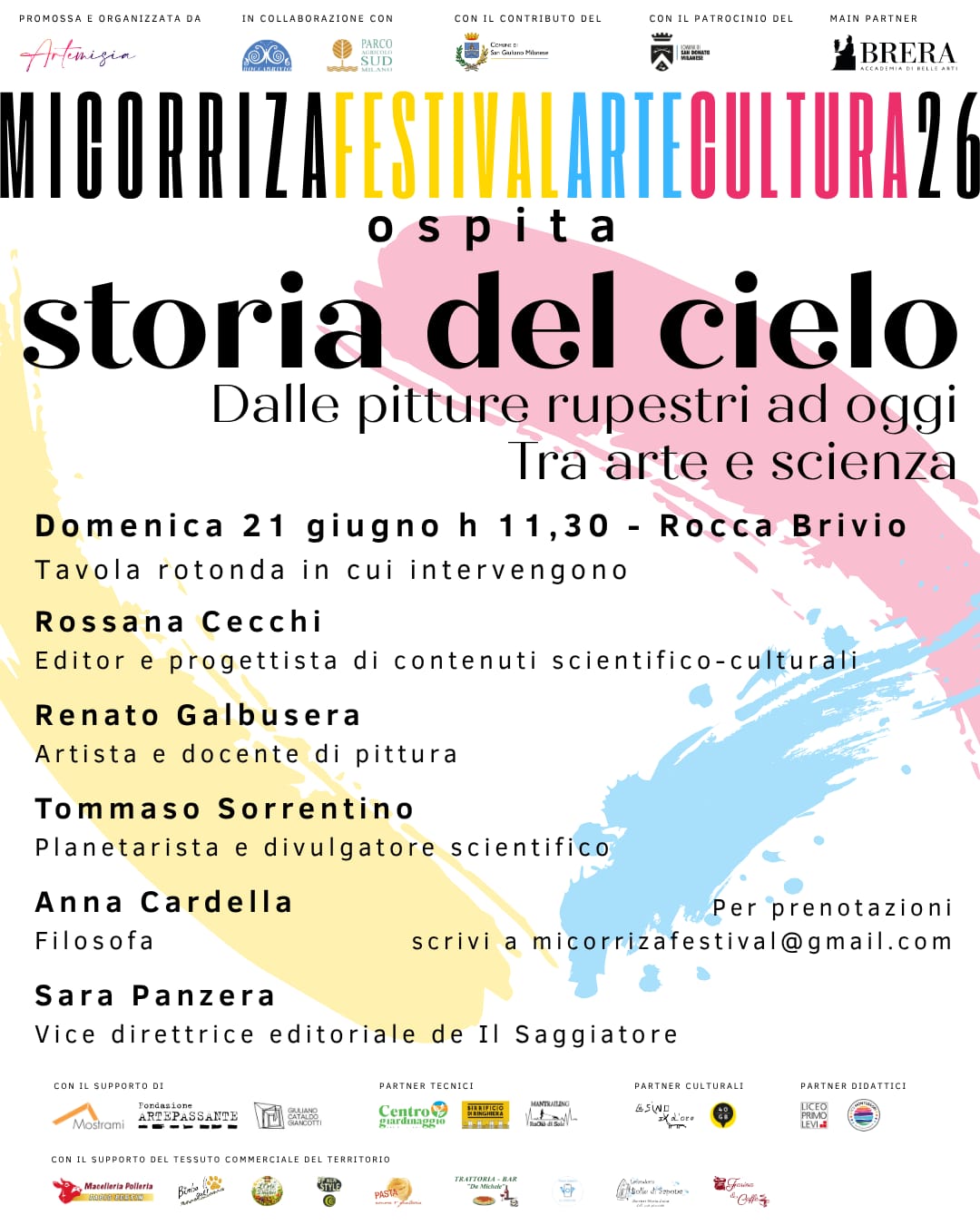 Locandina della tavola rotonda Storia del cielo domenica 21 giugno 2026, con i relatori, al Micorriza Festival, Rocca Brivio